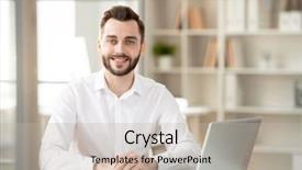  Presentation with front desk - PPT theme featuring sitting by desk in front background and a mint green colored foreground