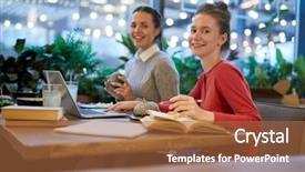  Presentation with college students - PPT theme featuring sitting by table in college background and a red colored foreground