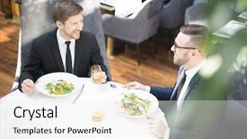  Presentation with siomai food business - PPT theme featuring sitting by table in restaurant background and a  colored foreground