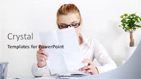  Presentation with reading - Amazing PPT theme having sitting-caucasian-woman-in-glasses backdrop and a light gray colored foreground