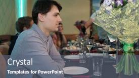 Presentation with feast - Beautiful slides featuring sitting guests invited to feast eat at table young man in foreground waiting for food empty plate backdrop and a gray colored foreground