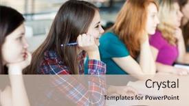  Presentation with worried female college student for health check up - Presentation design consisting of sitting in a classroom full background and a lemonade colored foreground
