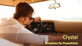  Presentation with automobile driver hand hold steering - Cool new PPT theme with sitting in a retro car backdrop and a tawny brown colored foreground
