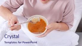  Presentation with elderly woman in nursing - Theme consisting of health care organization - elderly woman sitting in bed background and a sky blue colored foreground