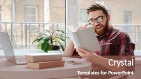  Presentation with happy sad face man - Presentation with sitting in cafe while reading background and a violet colored foreground