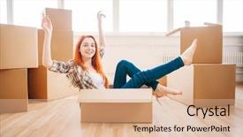  Presentation with box carton - Presentation theme having sitting in carton box housewarming background and a coral colored foreground