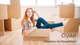  Presentation with boxing woman and a tawny - Slide deck consisting of sitting in carton box housewarming background and a lemonade colored foreground