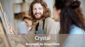  Presentation with happy sad face man - Presentation theme with sitting in front of easel background and a coral colored foreground