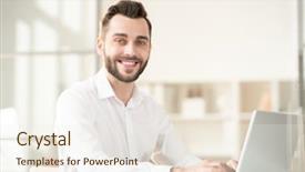  Presentation with smiling paramedic sitting in ambulance - Presentation having sitting in front of laptop background and a sky blue colored foreground