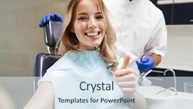  Presentation with happy image - PPT layouts having sitting in medical dentist center background and a sky blue colored foreground