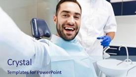  Presentation with happy image - Slide set consisting of sitting in medical dentist center background and a  colored foreground