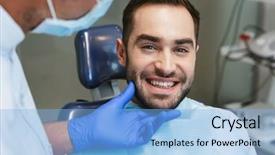  Presentation with happy image - Audience pleasing PPT theme consisting of sitting in medical dentist center backdrop and a  colored foreground