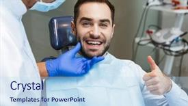  Presentation with happy-image - Slide set featuring sitting in medical dentist center background and a sky blue colored foreground