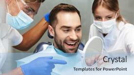  Presentation with happy image - Slide set with sitting in medical dentist center background and a  colored foreground