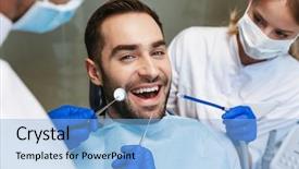  Presentation with happy image - Colorful presentation enhanced with sitting in medical dentist center backdrop and a light blue colored foreground