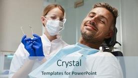  Presentation with happy image - Theme having sitting in medical dentist center background and a sky blue colored foreground