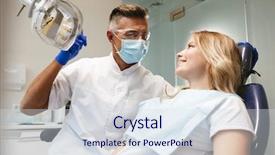  Presentation with happy image - PPT layouts enhanced with sitting in medical dentist center background and a sky blue colored foreground