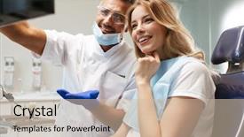  Presentation with happy image - Amazing slide deck having sitting in medical dentist center backdrop and a soft green colored foreground