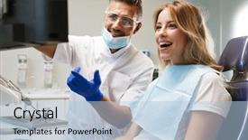  Presentation with happy image - Slide deck with sitting in medical dentist center background and a light blue colored foreground