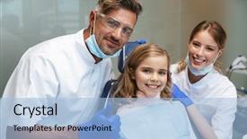  Presentation with happy image - Amazing slide set having sitting in medical dentist center backdrop and a  colored foreground