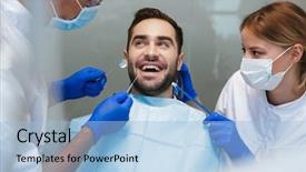  Presentation with happy image - Beautiful theme featuring sitting in medical dentist center backdrop and a light blue colored foreground