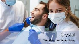  Presentation with happy image - Theme having sitting in medical dentist center background and a light blue colored foreground