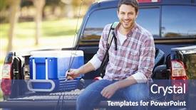  Presentation with 3d man sitting question mark - Theme enhanced with sitting in pick up truck background and a ocean colored foreground