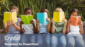  Presentation with children books - PPT layouts consisting of sitting in row and reading background and a ocean colored foreground