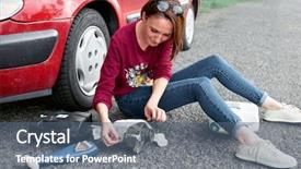  Presentation with electric generator - Presentation theme having sitting near a broken car background and a ocean colored foreground