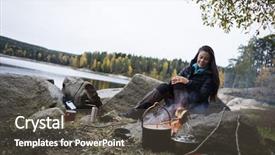  Presentation with campfire - Audience pleasing PPT theme consisting of sitting near campfire on lakeshore backdrop and a dark gray colored foreground
