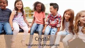  Presentation with elementary school - Audience pleasing theme consisting of recession time - elementary school friends sitting backdrop and a coral colored foreground