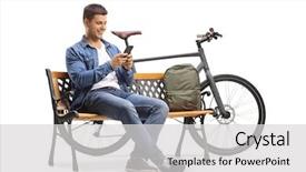  Presentation with man sitting bench - PPT theme consisting of sitting on a wooden bench background and a light gray colored foreground