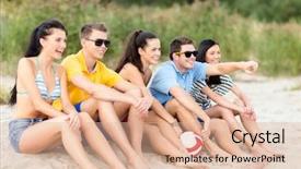  Presentation with summer holiday move - Slide set enhanced with sitting on beach with ball background and a  colored foreground