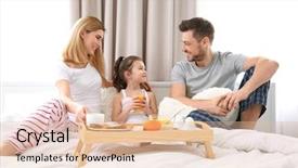  Presentation with portrait happy family smiling - Slides enhanced with sitting on bed with breakfast background and a lemonade colored foreground