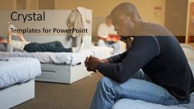  Presentation with homeless - PPT theme enhanced with sitting on beds in homeless background and a coral colored foreground