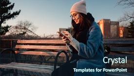 Presentation with hipster girl playing tetris game - Slide deck with sitting on bench at park background and a navy blue colored foreground