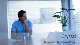  Presentation with healthcare workers - PPT theme enhanced with sitting on chair behind table background and a  colored foreground