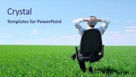  Presentation with green soccer field sport - Colorful presentation design enhanced with sitting on chair in green backdrop and a light blue colored foreground