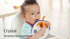  Presentation with baby sitting - Slide set enhanced with dirty food - cute baby with spoon background and a soft green colored foreground