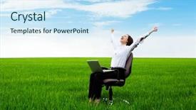  Presentation with computer - Colorful PPT layouts enhanced with sitting on chair over green backdrop and a sky blue colored foreground