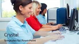  Presentation with female garment workers - Audience pleasing slides consisting of sitting on computer work stations backdrop and a light blue colored foreground