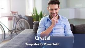  Presentation with 3d man sitting question mark - Presentation theme with sitting on couch with laptop background and a ocean colored foreground