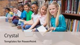  Presentation with elementary school - PPT theme featuring sitting on floor in library background and a lemonade colored foreground