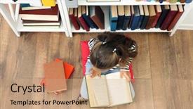  Presentation with library - Beautiful slide set featuring sitting on floor in library backdrop and a coral colored foreground