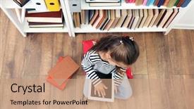  Presentation with books - Amazing slide deck having sitting on floor in library backdrop and a coral colored foreground