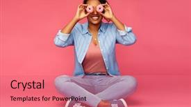  Presentation with fast food - Audience pleasing PPT theme consisting of sitting on floor over pink backdrop and a  colored foreground