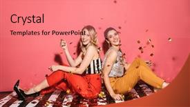  Presentation with full length portrait two men women brown sweater - PPT theme consisting of sitting on floor with falling background and a coral colored foreground