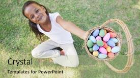  Presentation with easter basket - Beautiful slide set featuring sitting on grass showing basket backdrop and a mint green colored foreground
