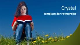  Presentation with child girl reading a book - Slide set featuring sitting on green meadow reading background and a ocean colored foreground