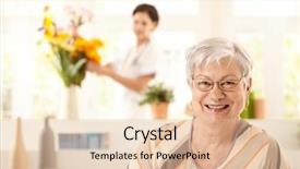  Presentation with elderly woman in nursing - Colorful slides enhanced with sitting on sofa at home backdrop and a lemonade colored foreground